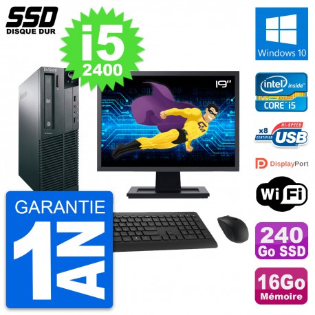 PC Lenovo M82 SFF Ecran 19" Intel i5-2400 RAM 16Go SSD 240Go Windows 10 Wifi