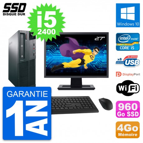 PC Lenovo M82 SFF Ecran 27" Intel Core i5-2400 RAM 4Go SSD 960Go Windows 10 Wifi