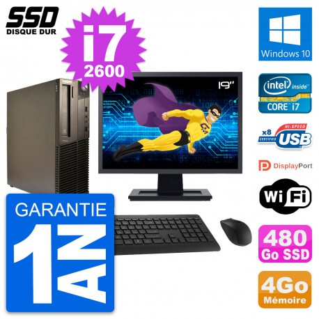 PC Lenovo M82 SFF Ecran 19" Intel Core i7-2600 RAM 4Go SSD 480Go Windows 10 Wifi