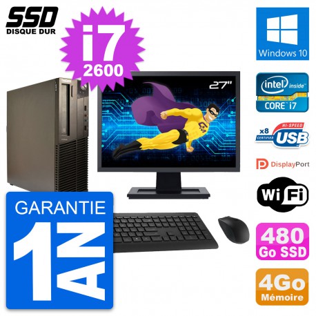 PC Lenovo M82 SFF Ecran 27" Intel Core i7-2600 RAM 4Go SSD 480Go Windows 10 Wifi