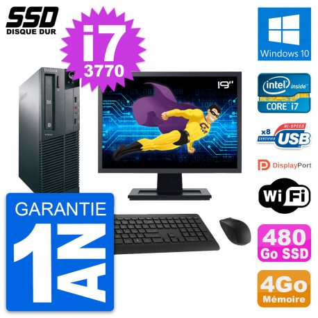 PC Lenovo M82 SFF Ecran 19" Intel Core i7-3770 RAM 4Go SSD 480Go Windows 10 Wifi