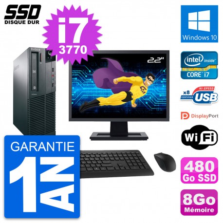PC Lenovo M82 SFF Ecran 22" Intel Core i7-3770 RAM 8Go SSD 480Go Windows 10 Wifi