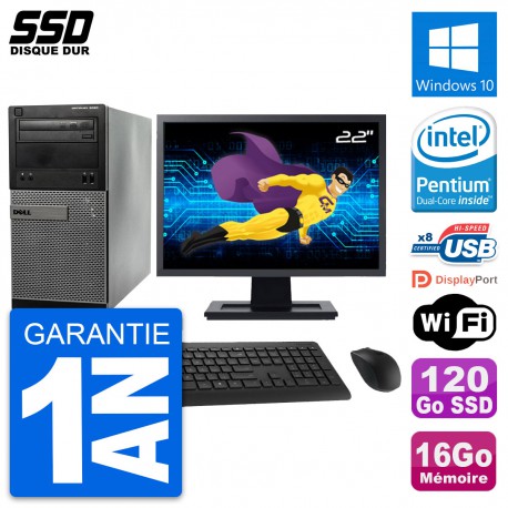 PC Tour Dell 3020 Ecran 22" Intel G3220 RAM 16Go SSD 120Go Windows 10 Wifi