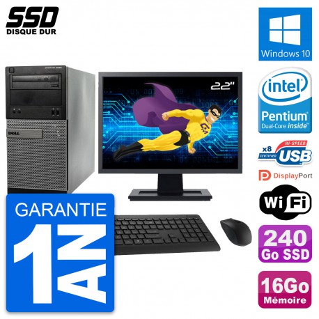 PC Tour Dell 3020 Ecran 22" Intel G3220 RAM 16Go SSD 240Go Windows 10 Wifi