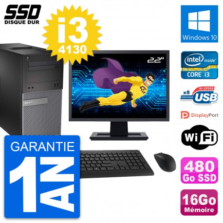 PC Tour Dell 3020 Ecran 22" Intel i3-4130 RAM 16Go SSD 480Go Windows 10 Wifi