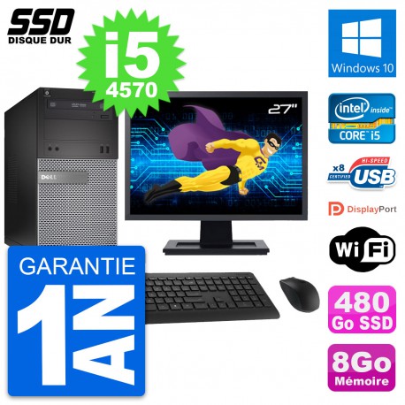 PC Tour Dell 3020 Ecran 27" Intel Core i5-4570 RAM 8Go SSD 480Go Windows 10 Wifi