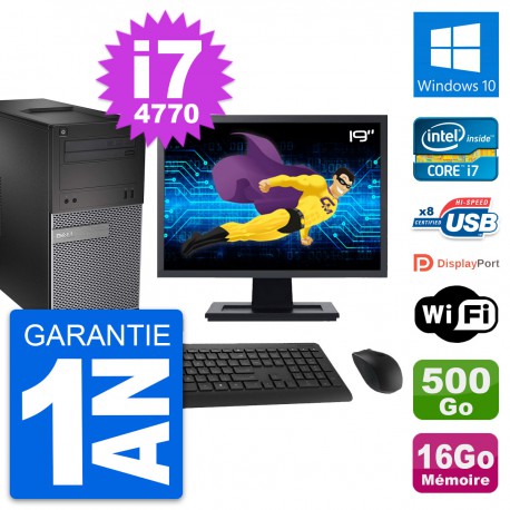 PC Tour Dell 3020 Ecran 19" Intel i7-4770 RAM 16Go Disque 500Go Windows 10 Wifi