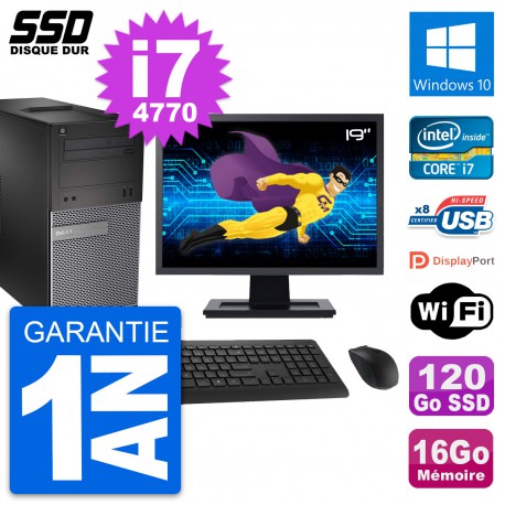 PC Tour Dell 3020 Ecran 19" Intel i7-4770 RAM 16Go SSD 120Go Windows 10 Wifi