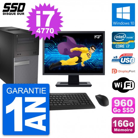PC Tour Dell 3020 Ecran 19" Intel i7-4770 RAM 16Go SSD 960Go Windows 10 Wifi
