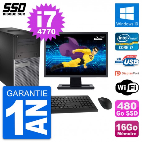 PC Tour Dell 3020 Ecran 22" Intel i7-4770 RAM 16Go SSD 480Go Windows 10 Wifi