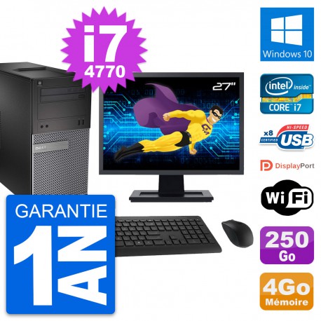 PC Tour Dell 3020 Ecran 27" Intel i7-4770 RAM 4Go Disque 250Go Windows 10 Wifi