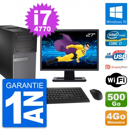 PC Tour Dell 3020 Ecran 27" Intel i7-4770 RAM 4Go Disque 500Go Windows 10 Wifi