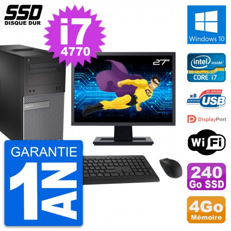 PC Tour Dell 3020 Ecran 27" Intel Core i7-4770 RAM 4Go SSD 240Go Windows 10 Wifi