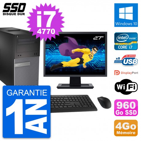 PC Tour Dell 3020 Ecran 27" Intel Core i7-4770 RAM 4Go SSD 960Go Windows 10 Wifi