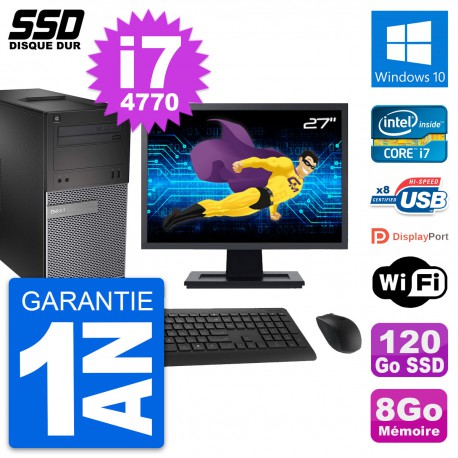 PC Tour Dell 3020 Ecran 27" Intel Core i7-4770 RAM 8Go SSD 120Go Windows 10 Wifi