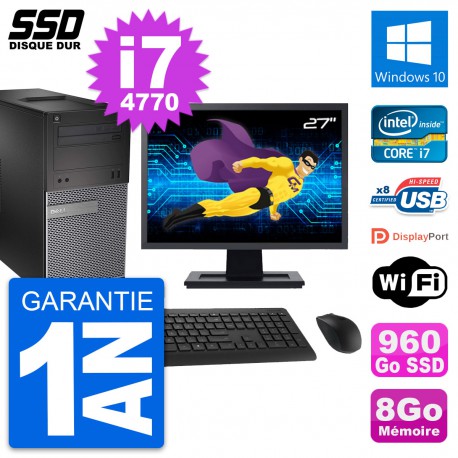PC Tour Dell 3020 Ecran 27" Intel Core i7-4770 RAM 8Go SSD 960Go Windows 10 Wifi