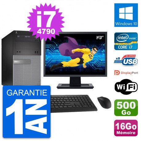 PC Tour Dell 3020 Ecran 19" Intel i7-4790 RAM 16Go Disque 500Go Windows 10 Wifi
