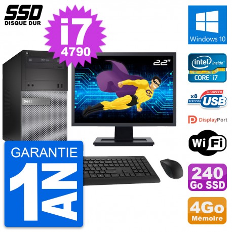 PC Tour Dell 3020 Ecran 22" Intel Core i7-4790 RAM 4Go SSD 240Go Windows 10 Wifi