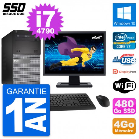 PC Tour Dell 3020 Ecran 22" Intel Core i7-4790 RAM 4Go SSD 480Go Windows 10 Wifi