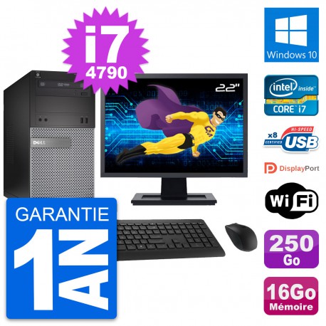 PC Tour Dell 3020 Ecran 22" Intel i7-4790 RAM 16Go Disque 250Go Windows 10 Wifi