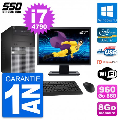 PC Tour Dell 3020 Ecran 27" Intel Core i7-4790 RAM 8Go SSD 960Go Windows 10 Wifi