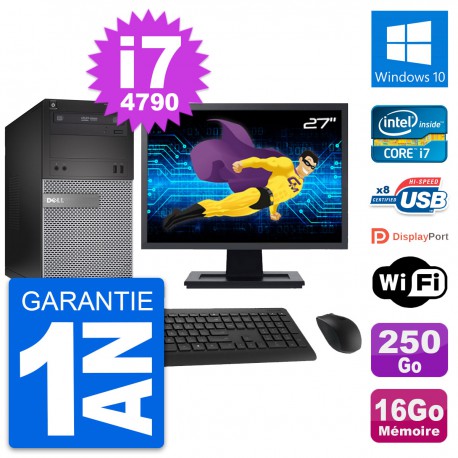 PC Tour Dell 3020 Ecran 27" Intel i7-4790 RAM 16Go Disque 250Go Windows 10 Wifi