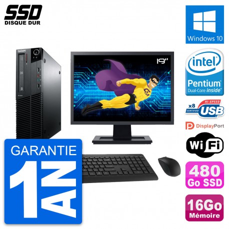 PC Lenovo M81 SFF Ecran 19" Intel G630 RAM 16Go SSD 480Go Windows 10 Wifi