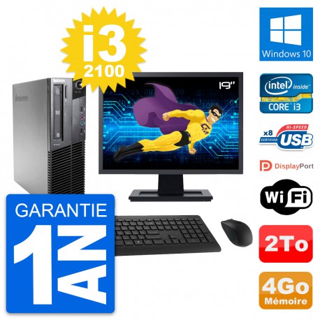 PC Lenovo M81 SFF Ecran 19" Intel i3-2100 RAM 4Go Disque Dur 2To Windows 10 Wifi