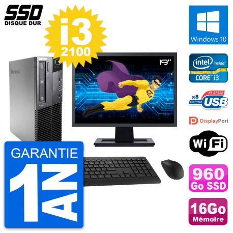 PC Lenovo M81 SFF Ecran 19" Intel i3-2100 RAM 16Go SSD 960Go Windows 10 Wifi