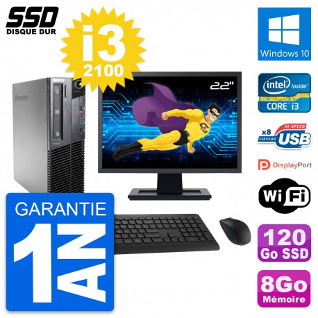 PC Lenovo M81 SFF Ecran 22" Intel Core i3-2100 RAM 8Go SSD 120Go Windows 10 Wifi