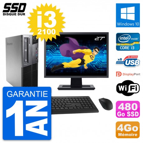 PC Lenovo M81 SFF Ecran 27" Intel Core i3-2100 RAM 4Go SSD 480Go Windows 10 Wifi