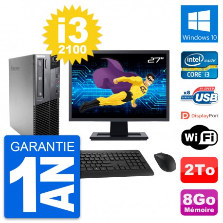 PC Lenovo M81 SFF Ecran 27" Intel i3-2100 RAM 8Go Disque Dur 2To Windows 10 Wifi
