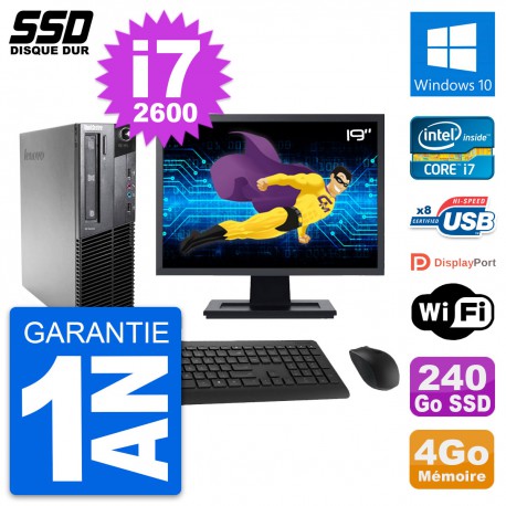 PC Lenovo M81 SFF Ecran 19" Intel Core i7-2600 RAM 4Go SSD 240Go Windows 10 Wifi