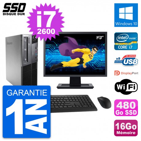 PC Lenovo M81 SFF Ecran 19" Intel i7-2600 RAM 16Go SSD 480Go Windows 10 Wifi