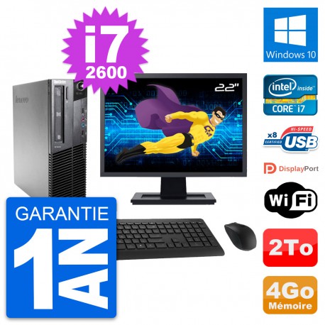 PC Lenovo M81 SFF Ecran 22" Intel i7-2600 RAM 4Go Disque Dur 2To Windows 10 Wifi