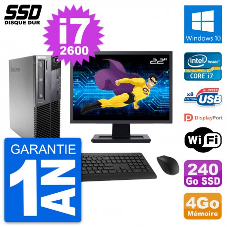 PC Lenovo M81 SFF Ecran 22" Intel Core i7-2600 RAM 4Go SSD 240Go Windows 10 Wifi
