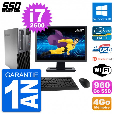 PC Lenovo M81 SFF Ecran 22" Intel Core i7-2600 RAM 4Go SSD 960Go Windows 10 Wifi