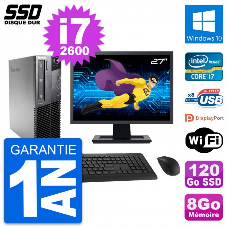 PC Lenovo M81 SFF Ecran 27" Intel Core i7-2600 RAM 8Go SSD 120Go Windows 10 Wifi