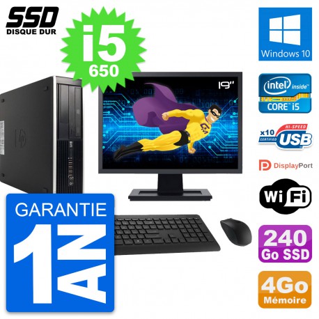PC HP 8100 SFF Ecran 19" Intel Core i5-650 RAM 4Go SSD 240Go Windows 10 Wifi