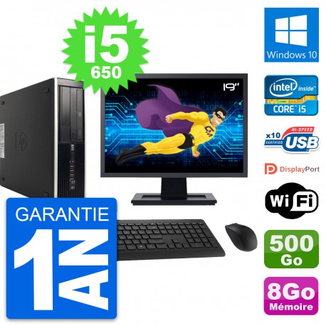 PC HP 8100 Elite SFF Ecran 19" Core i5-650 RAM 8Go Disque 500Go Windows 10 Wifi