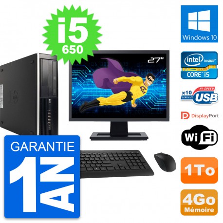 PC HP 8100 SFF Ecran 27" Intel Core i5-650 RAM 4Go Disque 1To Windows 10 Wifi