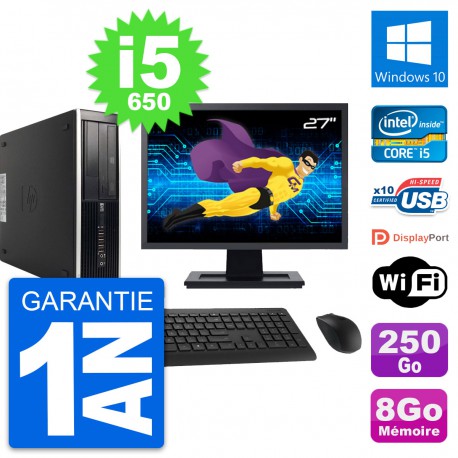 PC HP 8100 Elite SFF Ecran 27" Core i5-650 RAM 8Go Disque 250Go Windows 10 Wifi