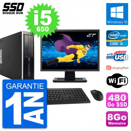 PC HP 8100 SFF Ecran 27" Intel Core i5-650 RAM 8Go SSD 480Go Windows 10 Wifi