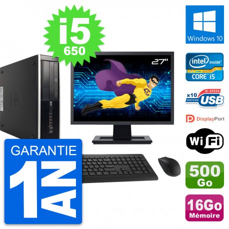 PC HP 8100 SFF Ecran 27" Core i5-650 RAM 16Go Disque 500Go Windows 10 Wifi