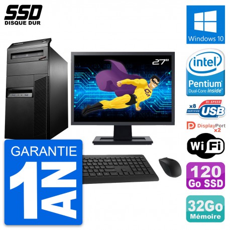 PC Tour Lenovo M93p Ecran 27" Intel G3220 RAM 32Go SSD 120Go Windows 10 Wifi