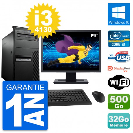 PC Tour Lenovo M93p Ecran 19" Core i3-4130 RAM 32Go Disque 500Go Windows 10 Wifi