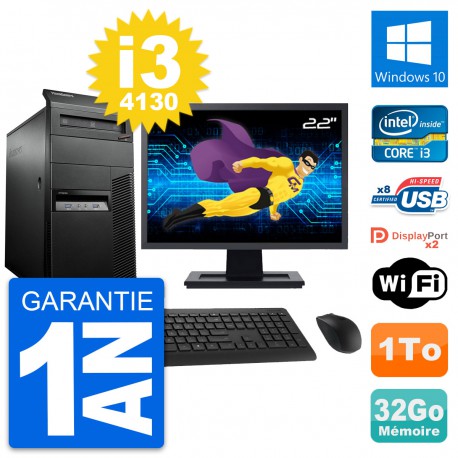 PC Tour Lenovo M93p Ecran 22" Intel i3-4130 RAM 32Go Disque 1To Windows 10 Wifi