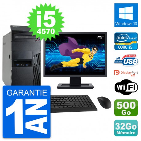 PC Tour Lenovo M93p Ecran 19" Core i5-4570 RAM 32Go Disque 500Go Windows 10 Wifi
