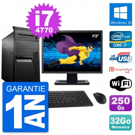 PC Tour Lenovo M93p Ecran 19" Core i7-4770 RAM 32Go Disque 250Go Windows 10 Wifi