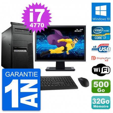 PC Tour Lenovo M93p Ecran 22" Core i7-4770 RAM 32Go Disque 500Go Windows 10 Wifi